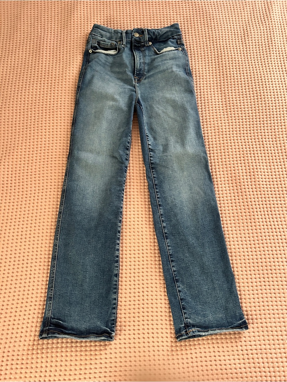 Good American Good Curve Straight-Leg Distressed Blue Jeans 00-4